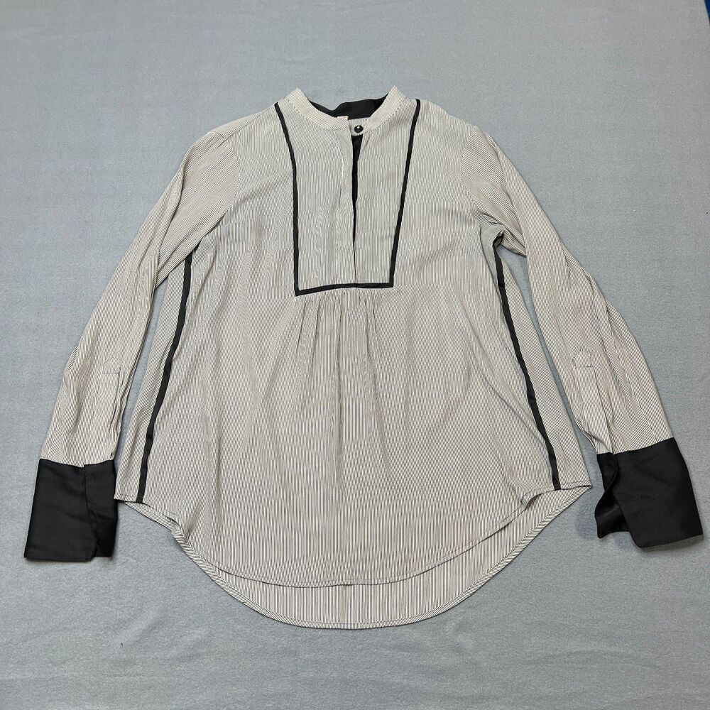 Free People Tunic Blouse Women's Small Black Beige Striped Pleated Round Hem Top